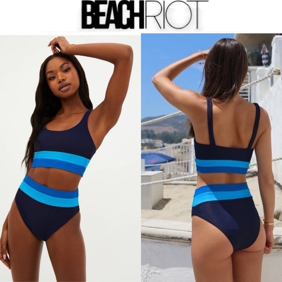 Beach Riot Mackenzie Top Marine Colorblock & Heidi Bottoms Bikini Set Sz S NWT